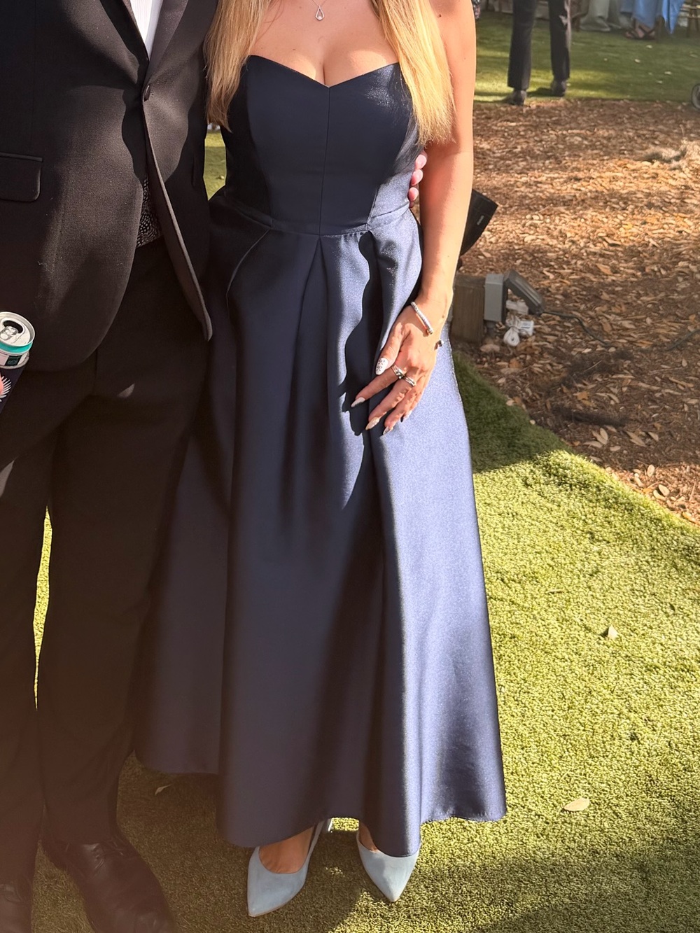 ALFRED SUNG Navy Strapless A-Line Satin Wedding Guest Dress